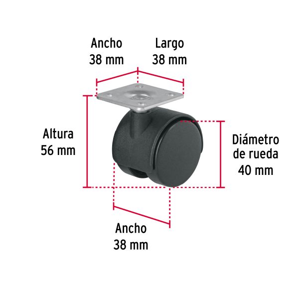 44384 - Rodaja tipo yoyo de 40 mm con placa, sin freno, Fiero