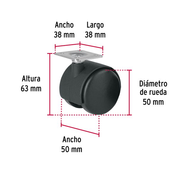 44385 - Rodaja tipo yoyo de 50 mm con placa, sin freno, Fiero