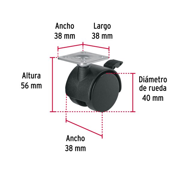 44388 - Rodaja tipo yoyo de 40 mm con placa, con freno, Fiero