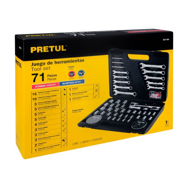 22980 - Juego de 71 herramientas 1/4' y 3/8' para mecánico, Pretul