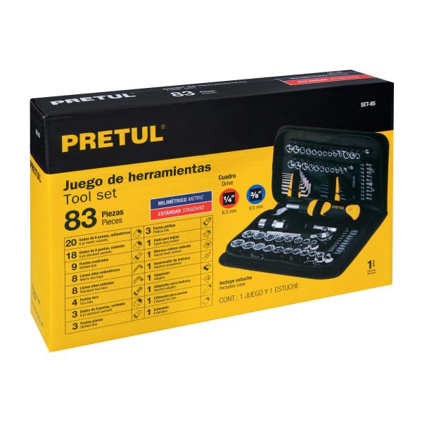 22984 - Juego de 83 herramientas 1/4' y 3/8' para mecánico, Pretul