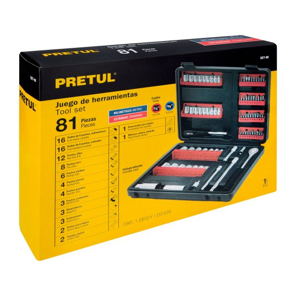 22977 - Juego de 81 herramientas 1/4' y 3/8' para mecánico, Pretul