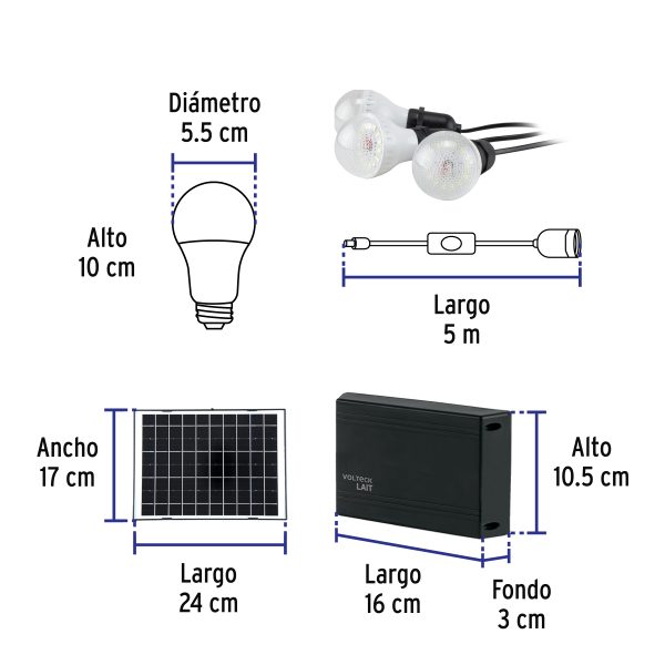 45870 - Sistema de iluminación Solar 6 W con 3 lámparas LED, VOLTECK