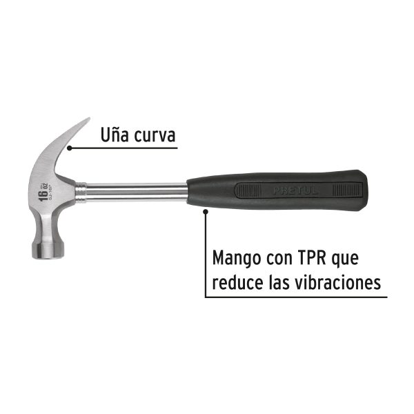 22270 - Martillo pulido, 16 oz, uña curva, mango tubular, Pretul