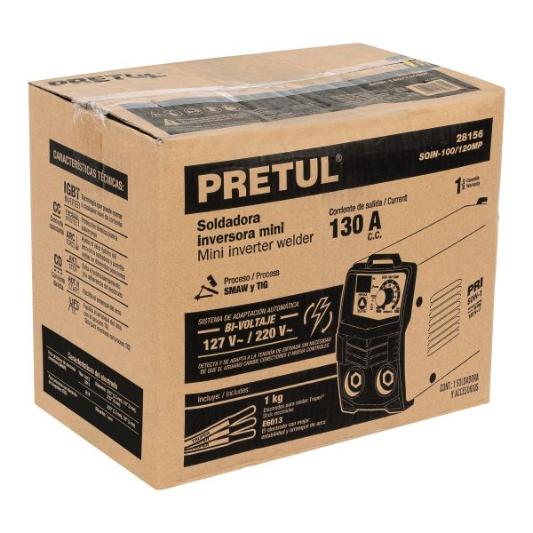 28156 - Mini soldadora inversora 130A, Bi-voltaje, 127/220V, PRETUL