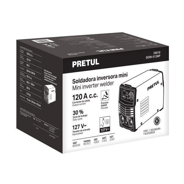 29018 - Mini soldadora inversora 120A, Serie 500, 127V, PRETUL
