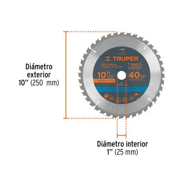 18307 - Disco sierra 10' para madera, 40 dientes centro 1', Truper