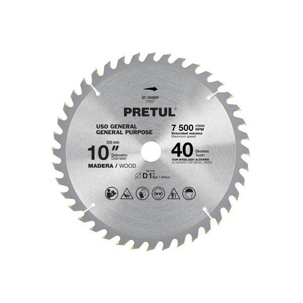 27057 - Disco sierra 10' para madera, 40 dientes centro 1', Pretul