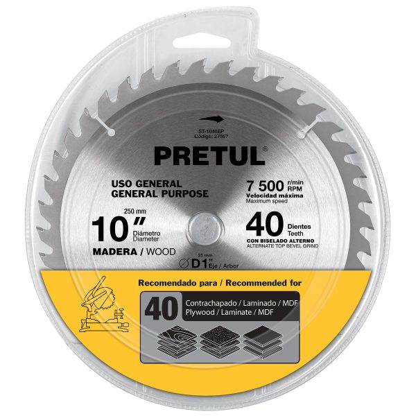 27057 - Disco sierra 10' para madera, 40 dientes centro 1', Pretul