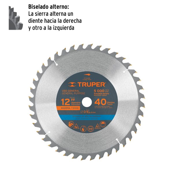 18311 - Disco sierra 12' para madera, 40 dientes centro 1', Truper