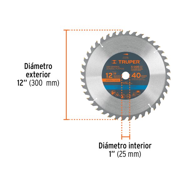 18311 - Disco sierra 12' para madera, 40 dientes centro 1', Truper