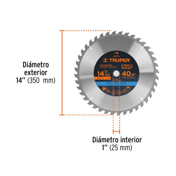 18322 - Disco sierra 14' para madera, 40 dientes centro 1', Truper