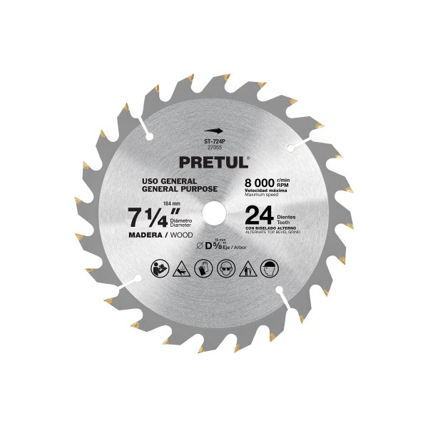 27055 - Disco sierra 7-1/4' p/madera, 24 dientes centro 5/8', Pretul