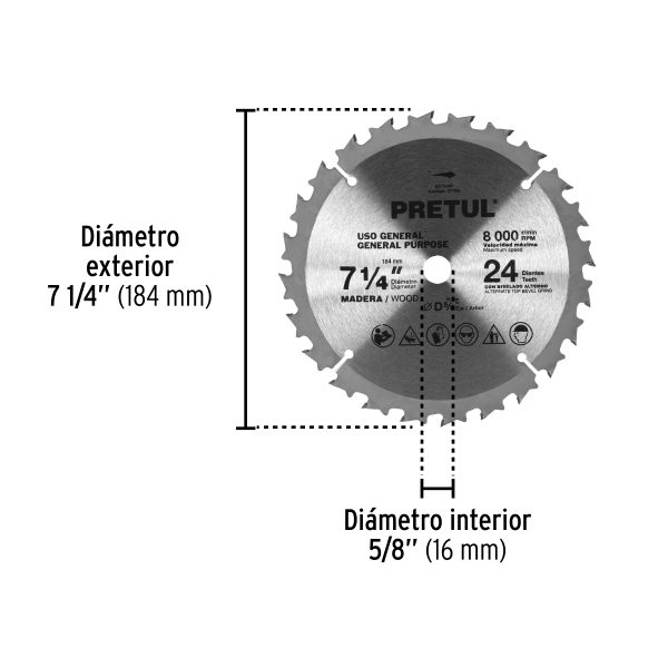 27055 - Disco sierra 7-1/4' p/madera, 24 dientes centro 5/8', Pretul