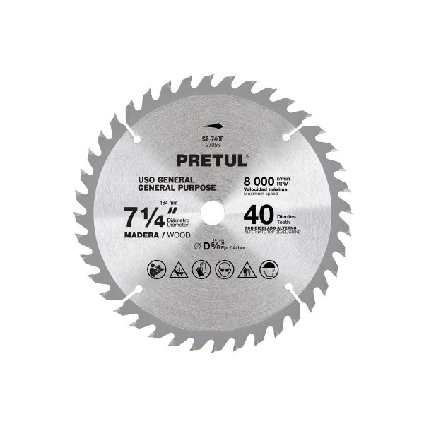27056 - Disco sierra 7-1/4' p/madera, 40 dientes centro 5/8', Pretul