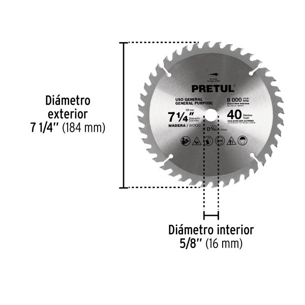 27056 - Disco sierra 7-1/4' p/madera, 40 dientes centro 5/8', Pretul