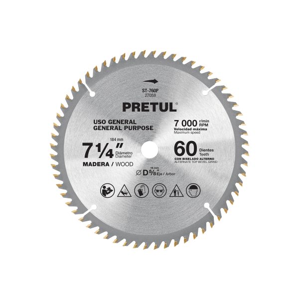 27059 - Disco sierra 7-1/4' p/madera, 60 dientes centro 5/8', Pretul