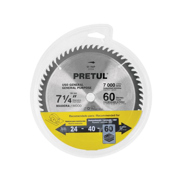 27059 - Disco sierra 7-1/4' p/madera, 60 dientes centro 5/8', Pretul
