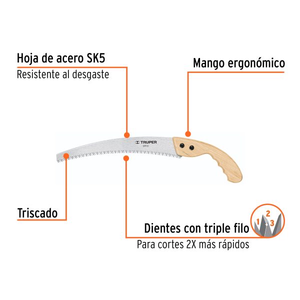 18171 - Serrucho de poda 12',hoja curva,6 DPP, mango madera, TRUPER