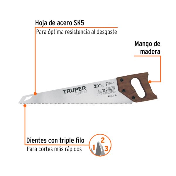 102951 - Serrucho Rapid 20', 7 DPP, mango de madera, Truper