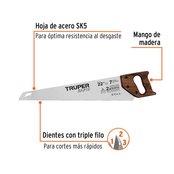 102952 - Serrucho Rapid 22', 7 DPP, mango de madera, Truper