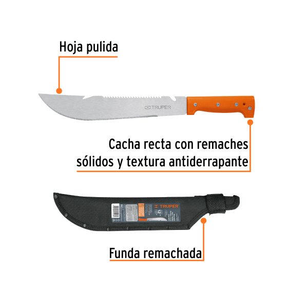 15890 - Machete rambo 12',cacha remachada naranja, con funda, TRUPER
