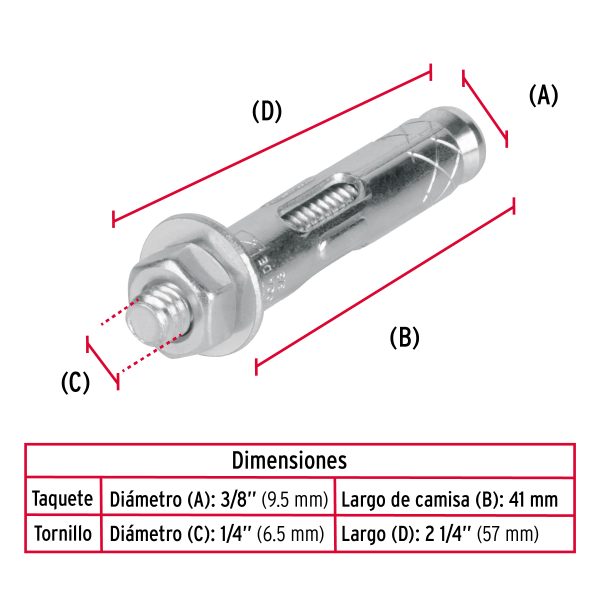 47223 - Caja con 100 taquetes expansivos de 1/4' con tornillo, Fiero