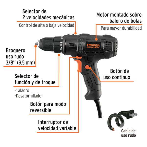 103170 - Taladro atornillador 3/8', 400W, TRUPER INDUSTRIAL