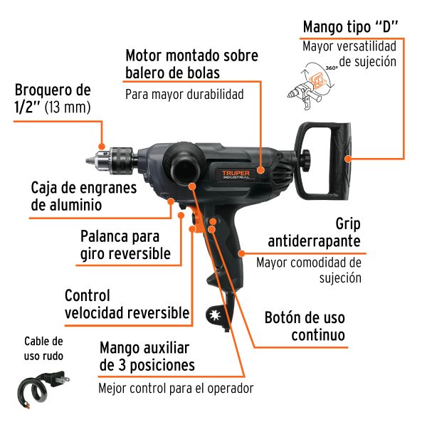 16714 - Taladro tipo espada 1/2', 1150W, TRUPER INDUSTRIAL