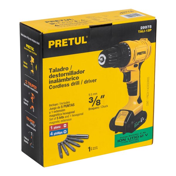29975 - Taladro 3/8', 12V, 1 batería 2Ah, PRETUL