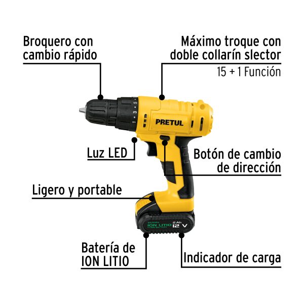 29975 - Taladro 3/8', 12V, 1 batería 2Ah, PRETUL
