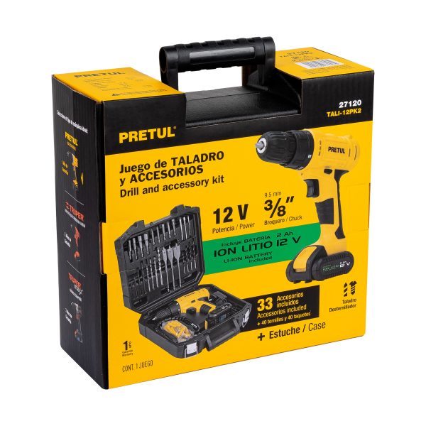 27120 - Kit taladro 3/8', 12V, 33 accesorios, en estuche, PRETUL