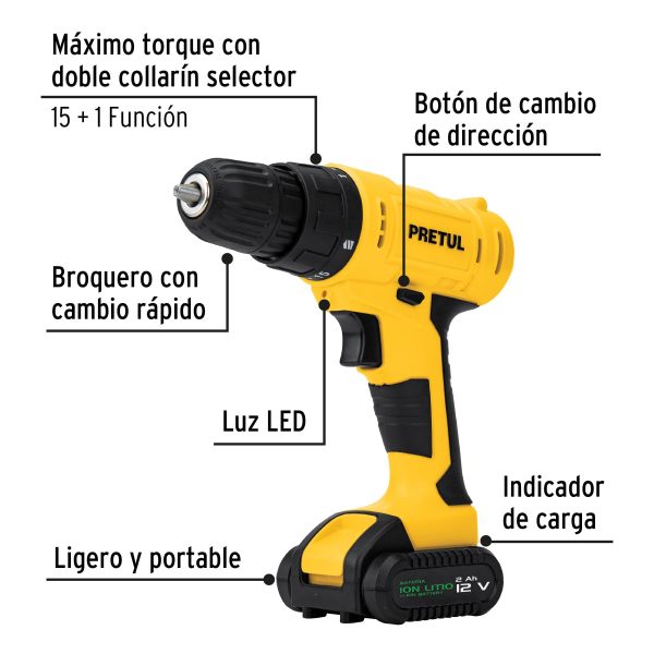 27120 - Kit taladro 3/8', 12V, 33 accesorios, en estuche, PRETUL