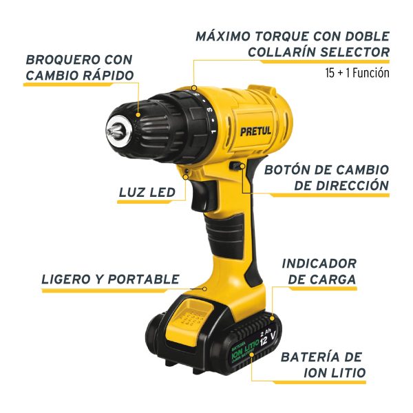 27097 - Kit taladro 3/8', 12V, 35 accesorios, en maleta, PRETUL