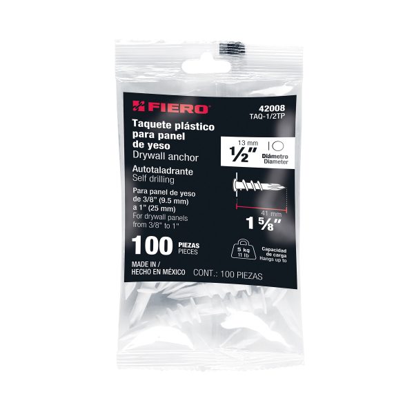 42008 - Bolsa c/100 taquetes plásticos 1/2', p/panel de yeso, Fiero