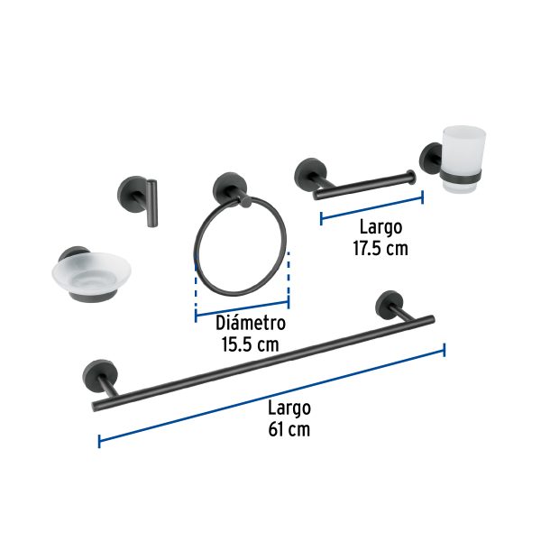 47975 - Juego de 6 accesorios para baño acabado negro, Foset Tubig