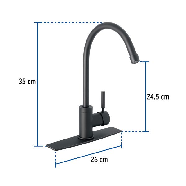 46767 - Monomando para fregadero, cuello alto, negro mate, Tubig