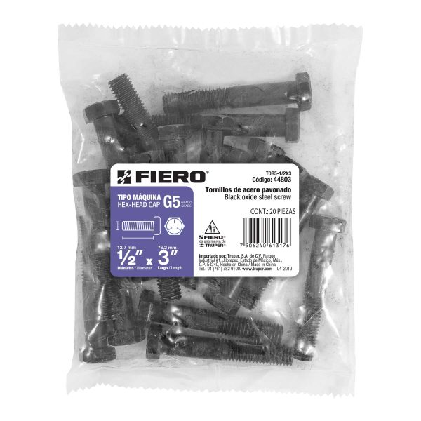 44803 - Bolsa con 20 tornillos 1/2' x 3' acero grado 5, FIERO