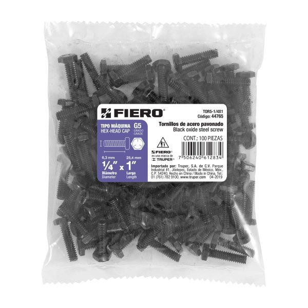 44765 - Bolsa con 100 tornillos 1/4' x 1' acero grado 5, FIERO