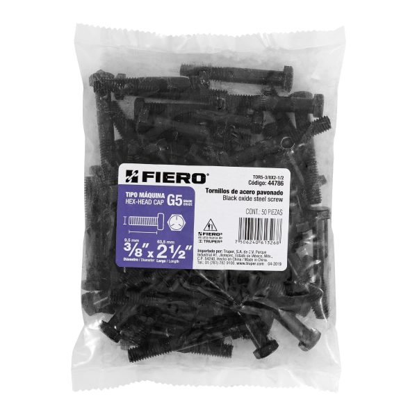 44786 - Bolsa con 50 tornillos 3/8' x 2-1/2' acero grado 5, FIERO