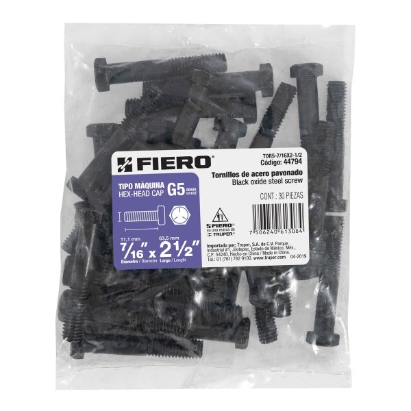 44794 - Bolsa con 30 tornillos 7/16' x 2-1/2' acero grado 5, FIERO
