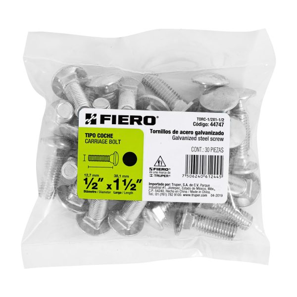 44747 - Bolsa con 30 tornillos 1/2' x 1-1/2' tipo coche, Fiero