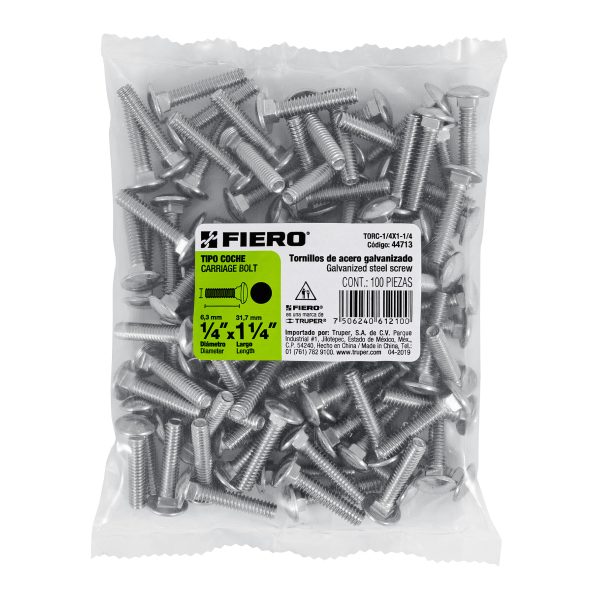 44713 - Bolsa con 100 tornillos 1/4' x 1-1/4' tipo coche, Fiero