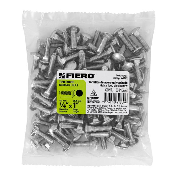 44712 - Bolsa con 100 tornillos 1/4' x 1' tipo coche, Fiero