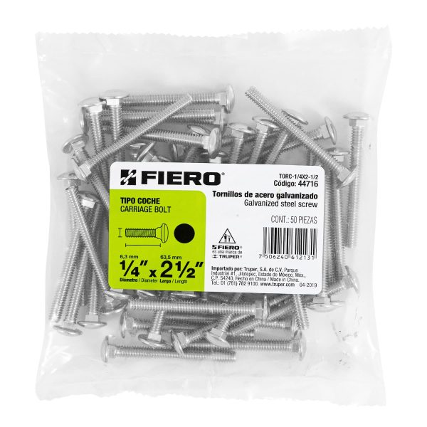 44716 - Bolsa con 50 tornillos 1/4' x 2-1/2' tipo coche, Fiero