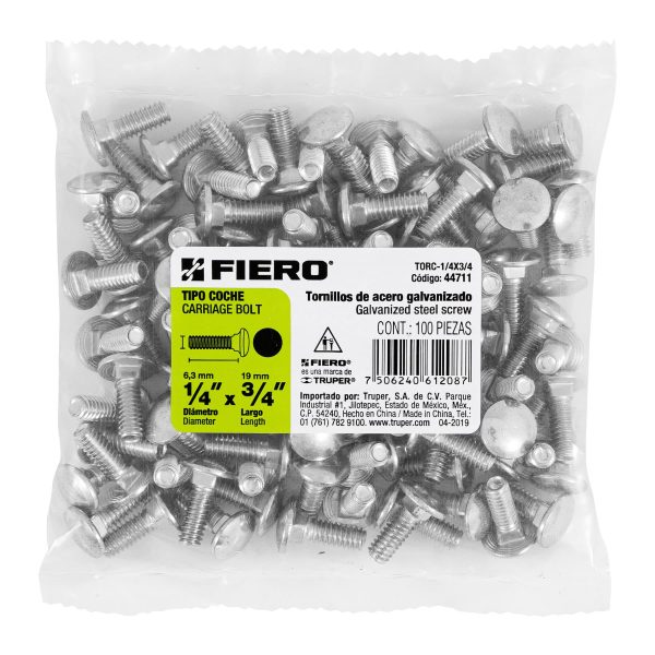 44711 - Bolsa con 100 tornillos 1/4' x 3/4' tipo coche, Fiero