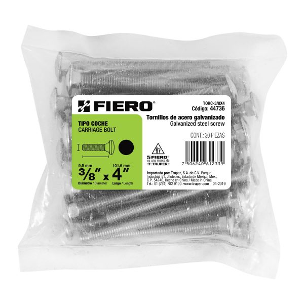 44736 - Bolsa con 30 tornillos 3/8' x 4' tipo coche, Fiero