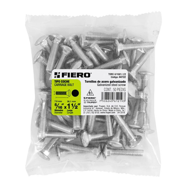 44722 - Bolsa con 50 tornillos 5/16' x 1-1/2' tipo coche, Fiero