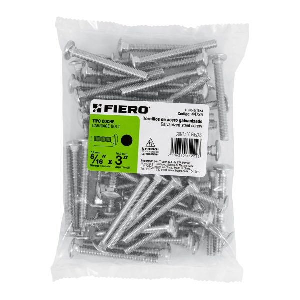 44725 - Bolsa con 60 tornillos 5/16' x 3' tipo coche, Fiero