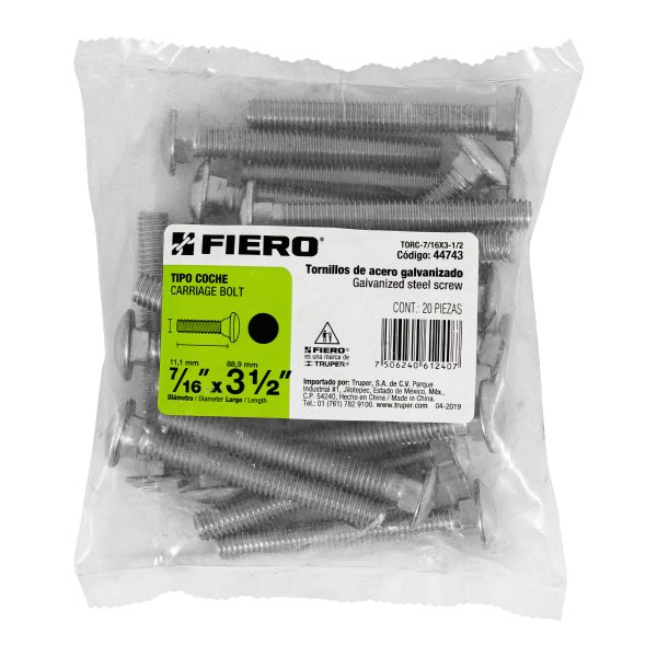 44743 - Bolsa con 20 tornillos 7/16' x 3-1/2' tipo coche, Fiero